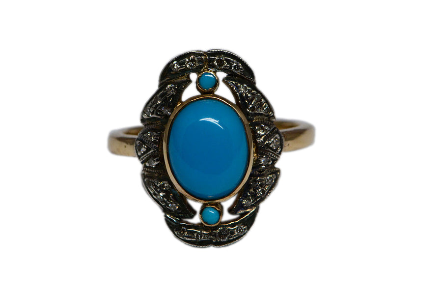Sold Fine Designer 14K Solid Gold Diamond & Sleeping Beauty Turquoise  Cabochon Ring | Native American Jewelry